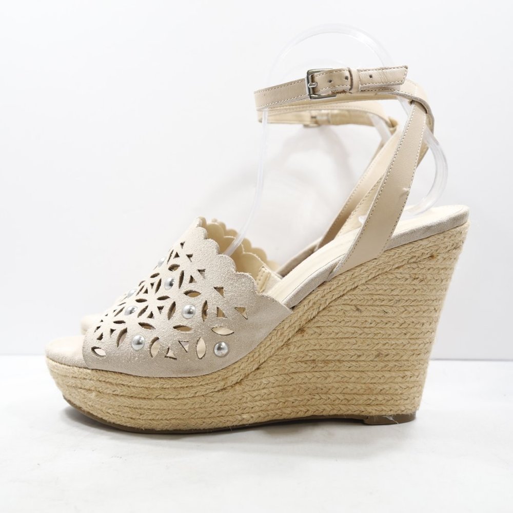 Marc Fisher Hata Tan Leather Studded Platform 4.5" Espadrille Wedge Sandals